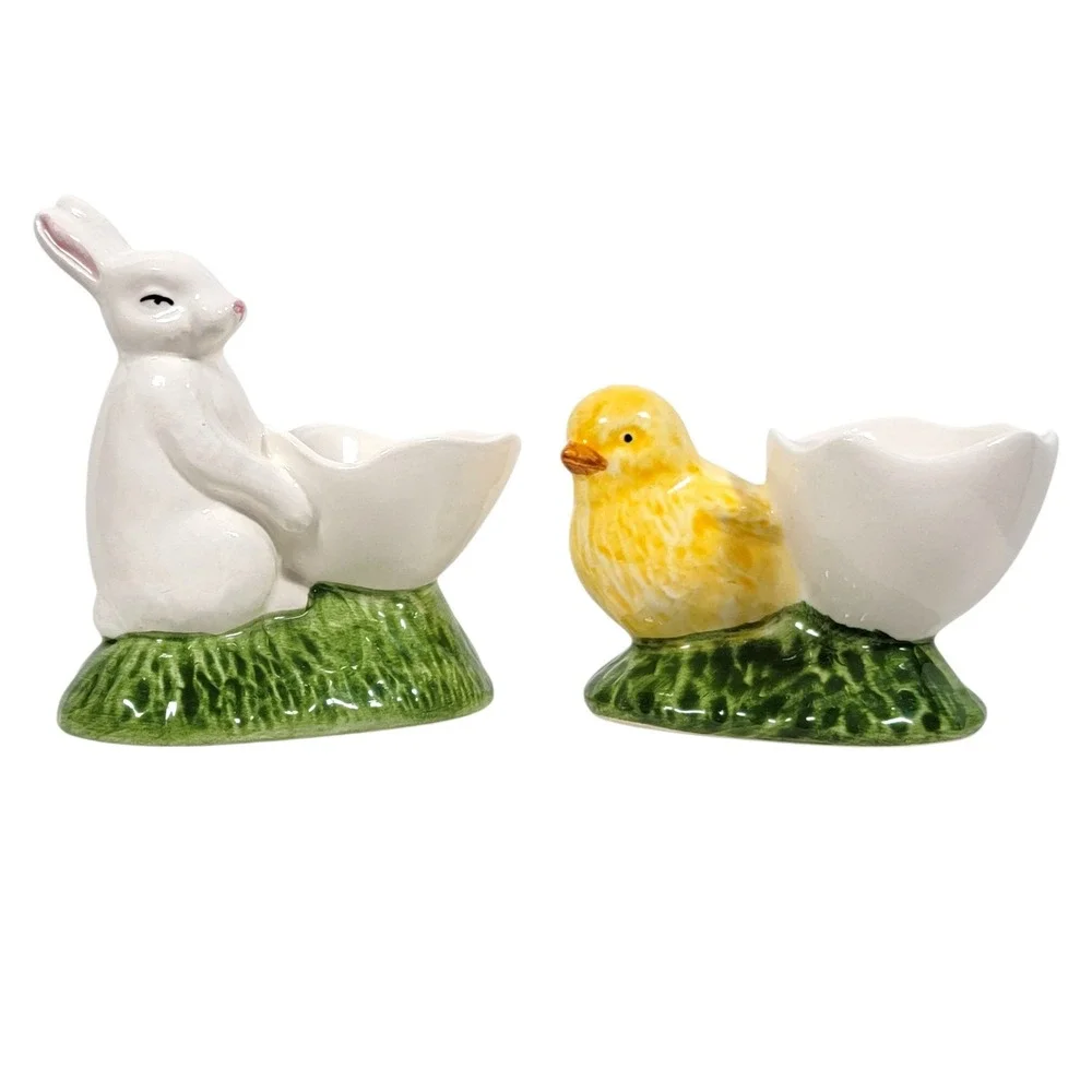 Williams Sonoma Chick & Bunny Egg Cups‎ 2 Pc Set Ceramic Easter Spring Portugal